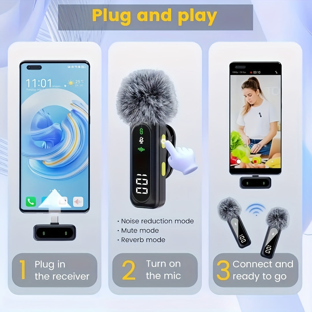 Wireless Lavalier Microphone USB-C 2.4G with DSP Noise Reduction, Digital Battery Display, 360° Omnidirectional Clip-On Lapel Mic, 100ft Range, Feather Windshield, Rotatable Magnetic Clip for iPhone, Android, Camera & Content Creators