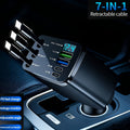 7-in-1 Car Fast Charger with 3 Retractable Cables LED Digital Display 180° Adjustable Universal Plug - Multi-Port Car Phone Charger for iPhone Android USB-C