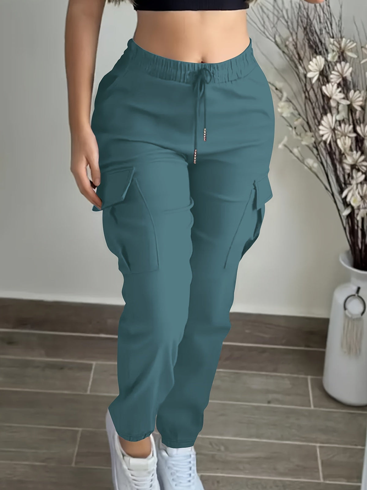Women's Drawstring Waist Cargo Pants with Pockets - Solid Color Woven Polyester Casual Long Pants for Weekend Outdoor Wear