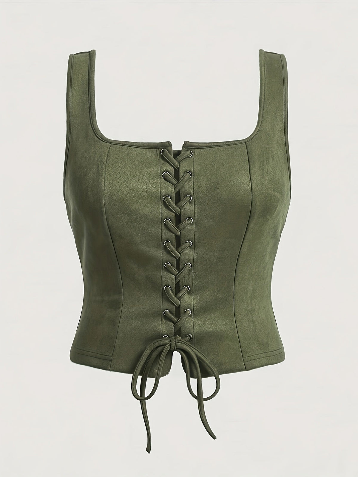 Vintage Lace-Up Drawstring Vest Women Elegant Woven Top Sleeveless Blouse Spring Summer Fall Khaki Green S M L XL