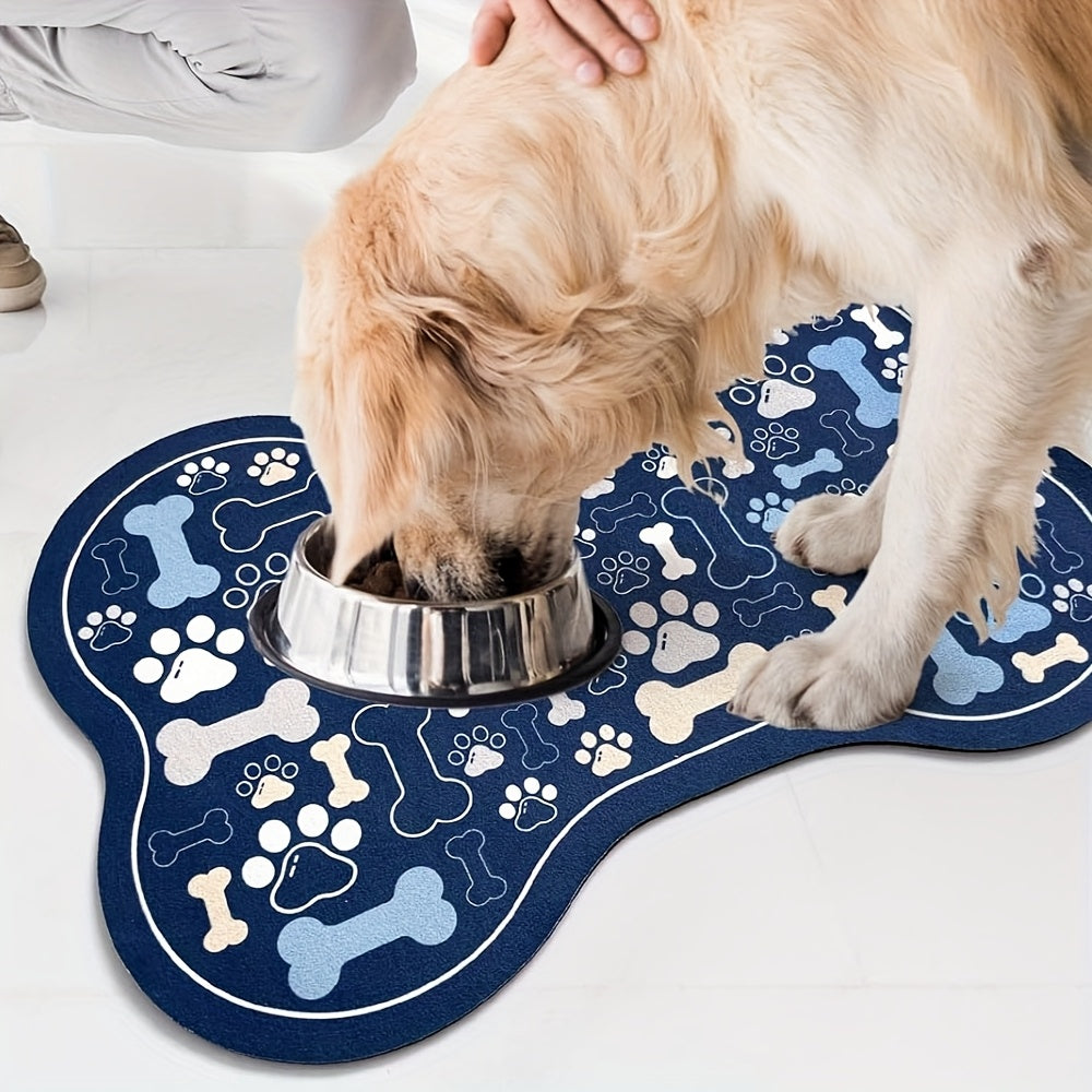 Dog Feeding Mat Non-Slip Quick-Dry Paw Print & Fishbone Design - Durable Polyester Pet Food & Water Bowl Pad for Small to Medium Dogs, Waterproof Easy-Clean Dog Placemat for Kitchen & Floor
