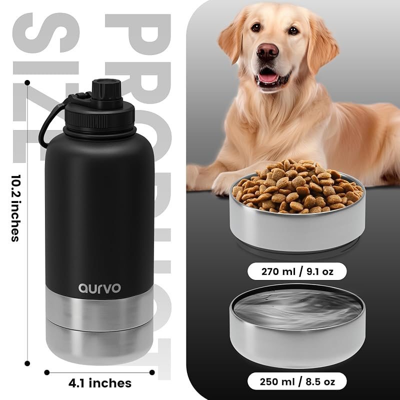32oz Dog Water Bottle with Bowl - Leakproof Insulated Stainless Steel Portable Travel Pet Water Bottle for Hiking Camping Outdoor Walking - Dog Travel Water Dispenser