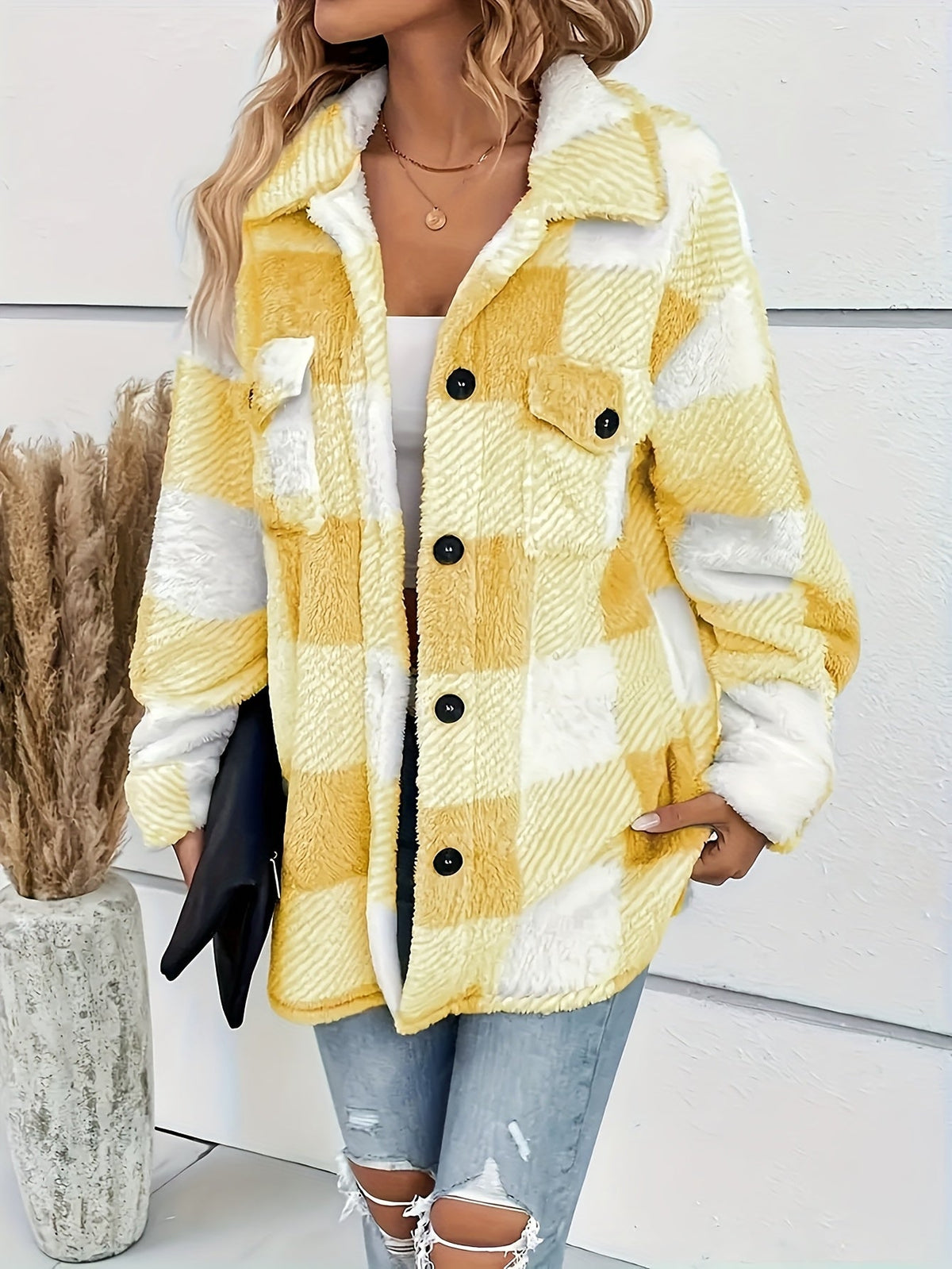 Plush Winter Jacket for Women Soft Suede PU Fabric Plaid Pattern Coat Fall Winter Warm Outerwear Khaki Black Green Pink Yellow Gray S M L XL XXL