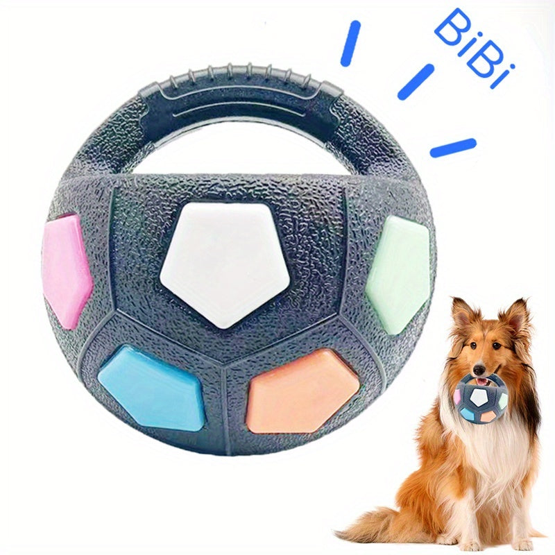 Soccer Ball Dog Toy with Squeaker & Carrying Handle - Durable TPR Interactive Dog Ball for All Sizes, 5.5 Inch Bouncy Fetch & Dribble Pet Toy for Indoor Outdoor Play