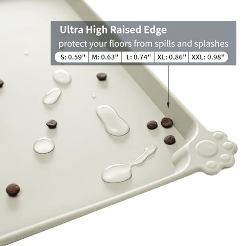 Waterproof Silicone Pet Feeding Mat 18.5x11.5 Inch - Non-Slip Placemat for Dog & Cat Food and Water Bowls, Easy Clean Floor Protector, Food-Safe Silicone, Beige
