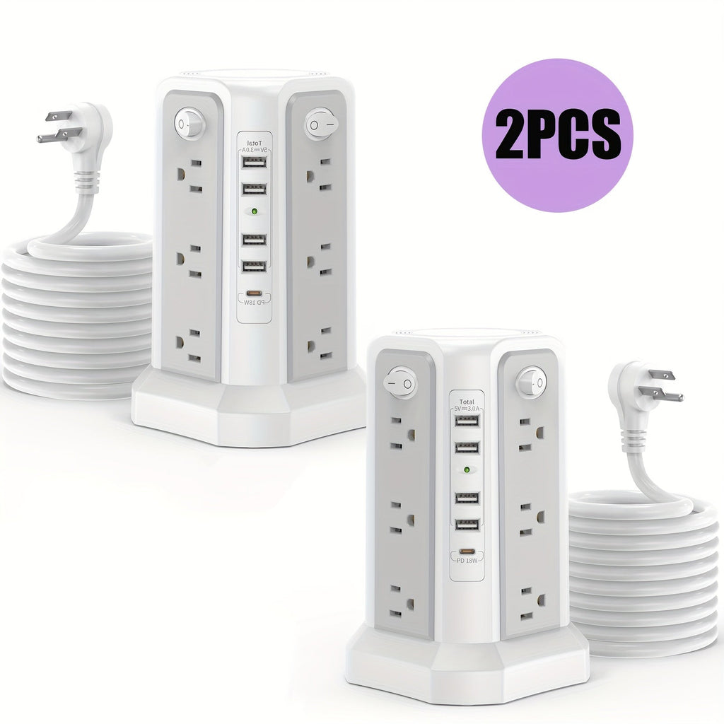 Power Strip Tower 16 AC Outlets 5 USB Ports USB-C PD20W 1500J Surge Protector Flat Plug Desktop Extension Cord