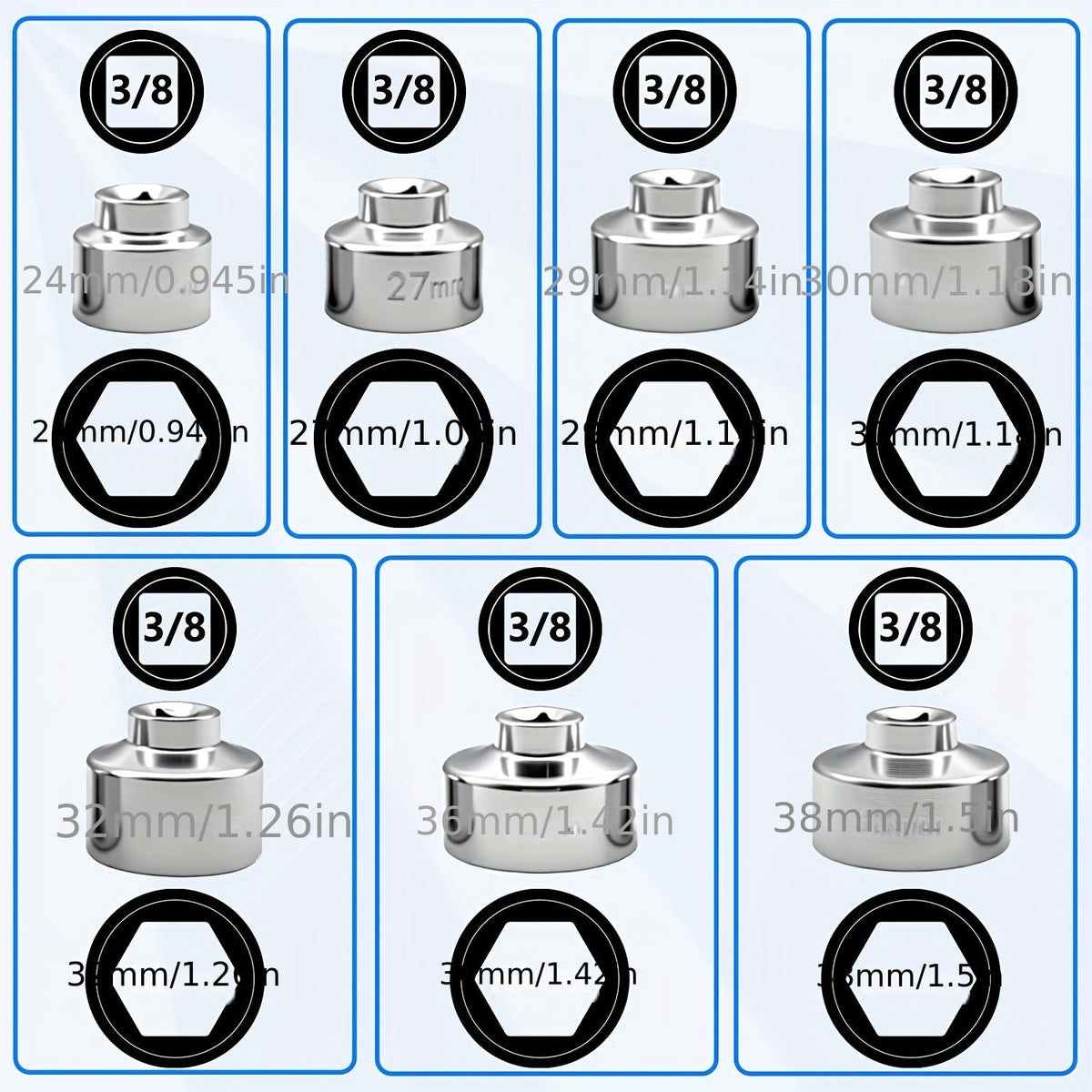 7-Piece Oil Filter Socket Wrench Set 3/8" Drive CR-V Steel 24mm 27mm 29mm 30mm 32mm 36mm 38mm - Universal Oil Filter Removal Tool Kit for Car Oil Changes