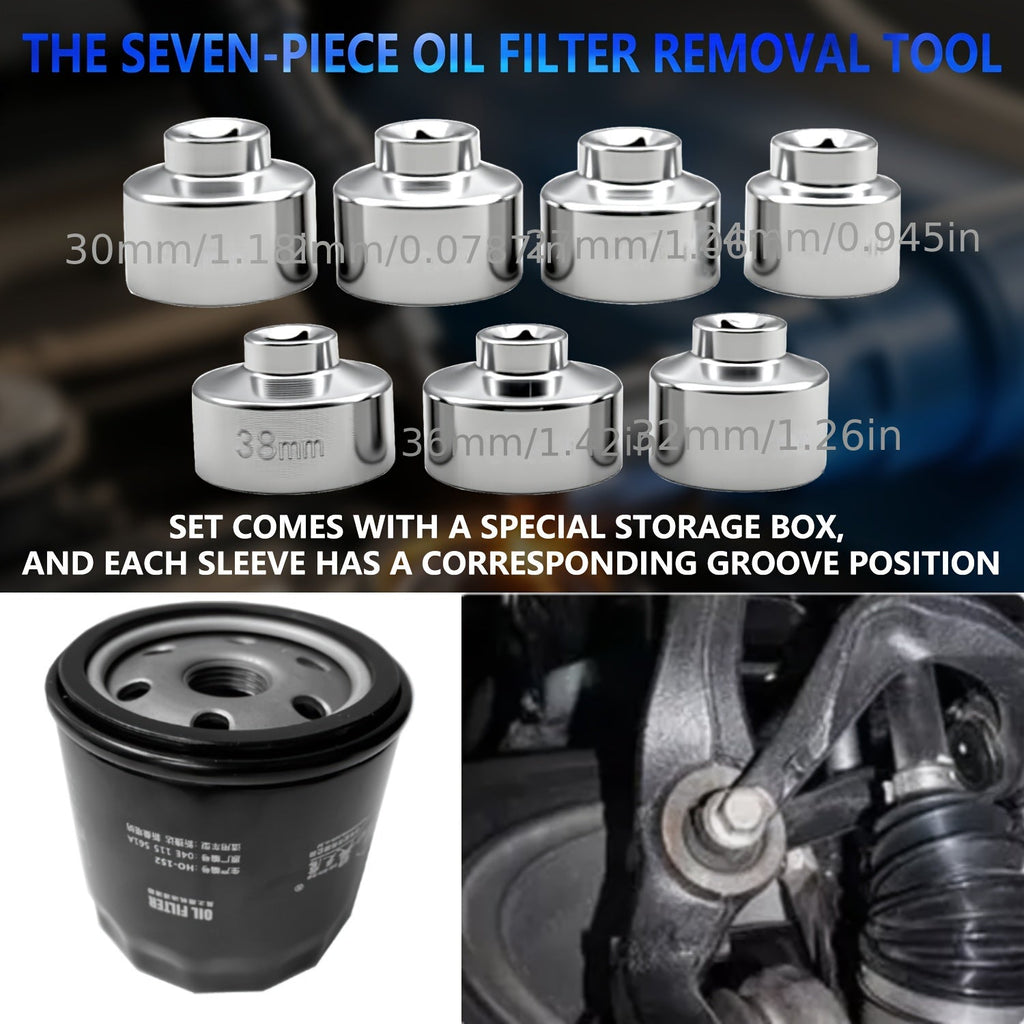 7-Piece Oil Filter Socket Wrench Set 3/8" Drive CR-V Steel 24mm 27mm 29mm 30mm 32mm 36mm 38mm - Universal Oil Filter Removal Tool Kit for Car Oil Changes