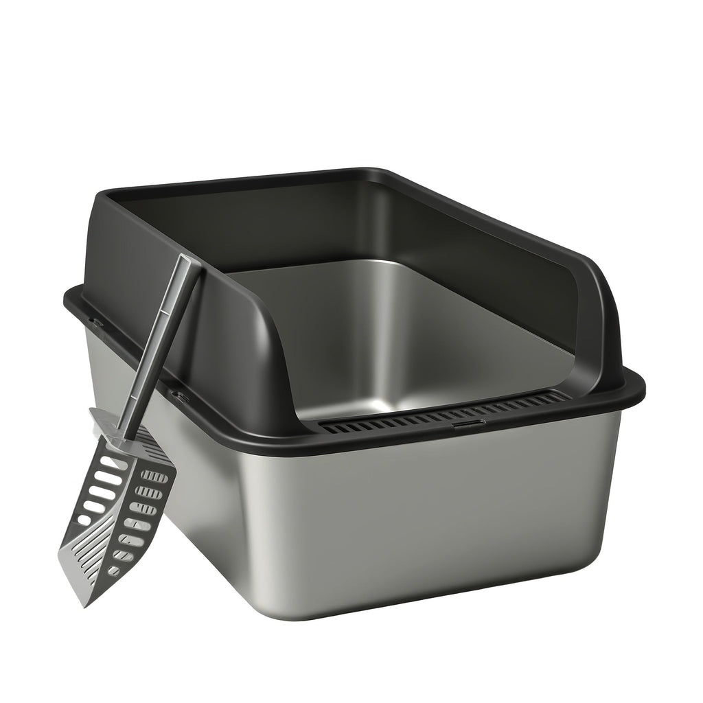 Stainless Steel Cat Litter Box High Sides Anti-Leakage Metal Litter Pan with Scoop Sifting Tray Rust-Proof Odor-Resistant Non-Stick Easy Clean Indoor Cat Toilet Medium Large Cats