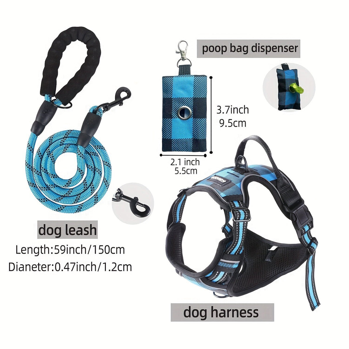 Dog Harness Leash and Poop Bag Dispenser Set 3-Piece Escape-Proof Adjustable Breathable Vest Harness for Medium Large Dogs with Reflective Strips – No-Pull Padded Dog Walking Kit with Waste Bag Holder
