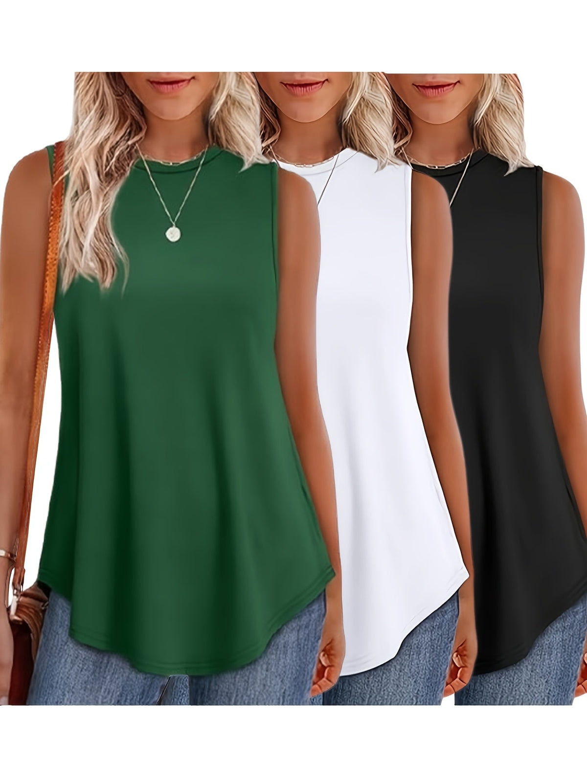 Women's 3-Pack Solid Color Sleeveless Tank Tops Round Neck Loose Flowy Casual Basic Tee Shirts Multicolor Bundle Set for Summer Spring Fall