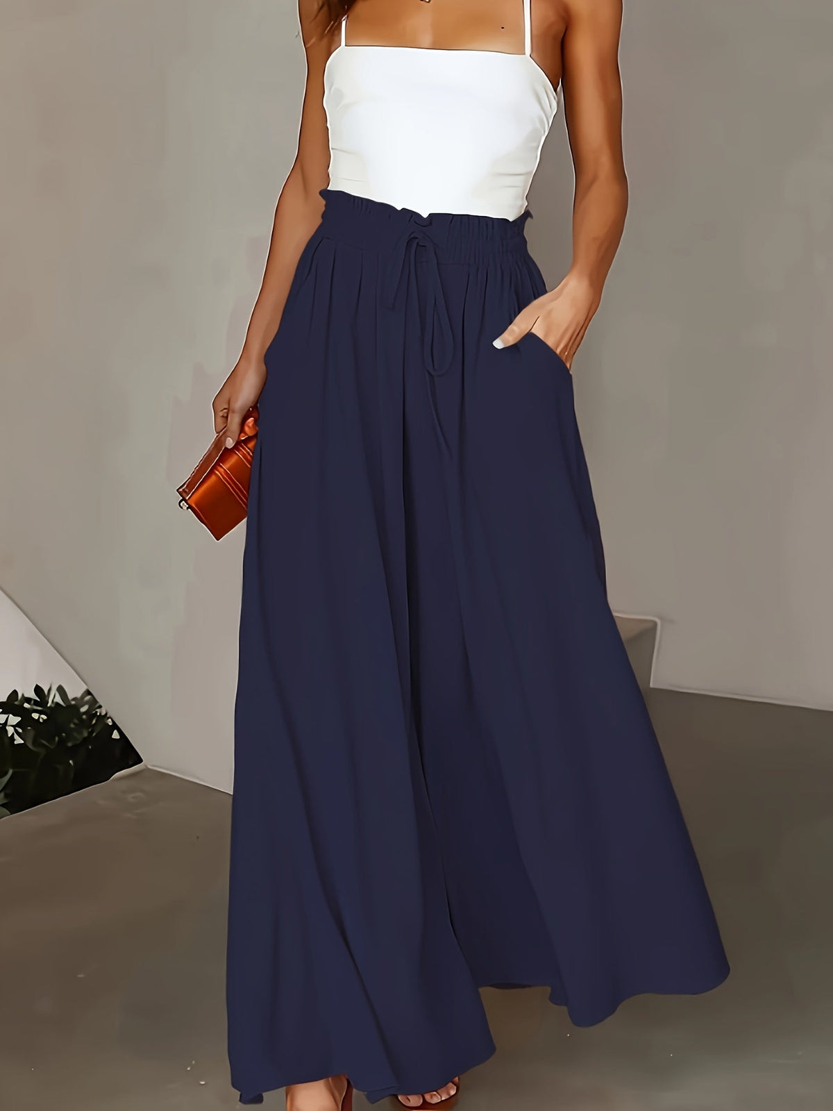 Women's High-Waist Wide-Leg Pants – Elegant Loose Fit Solid Color Flowy Trousers with Pockets for Spring Summer Office Casual