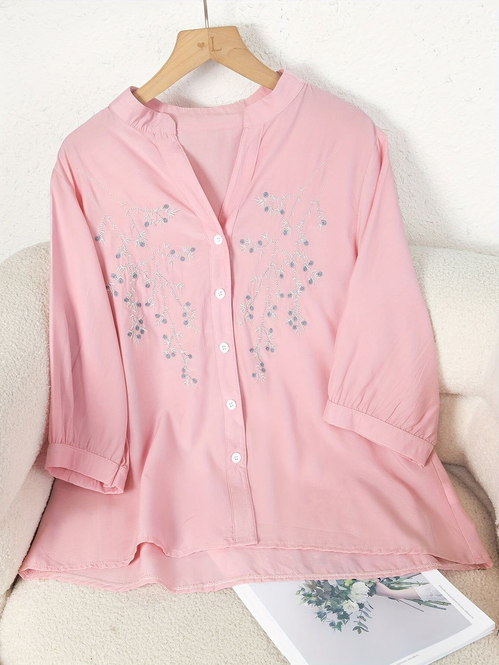 Women's Floral Embroidered Blouse Long Sleeve Button Down - White Elegant Stand Collar Casual Shirt, Delicate Flower Print Summer Top S-XXL