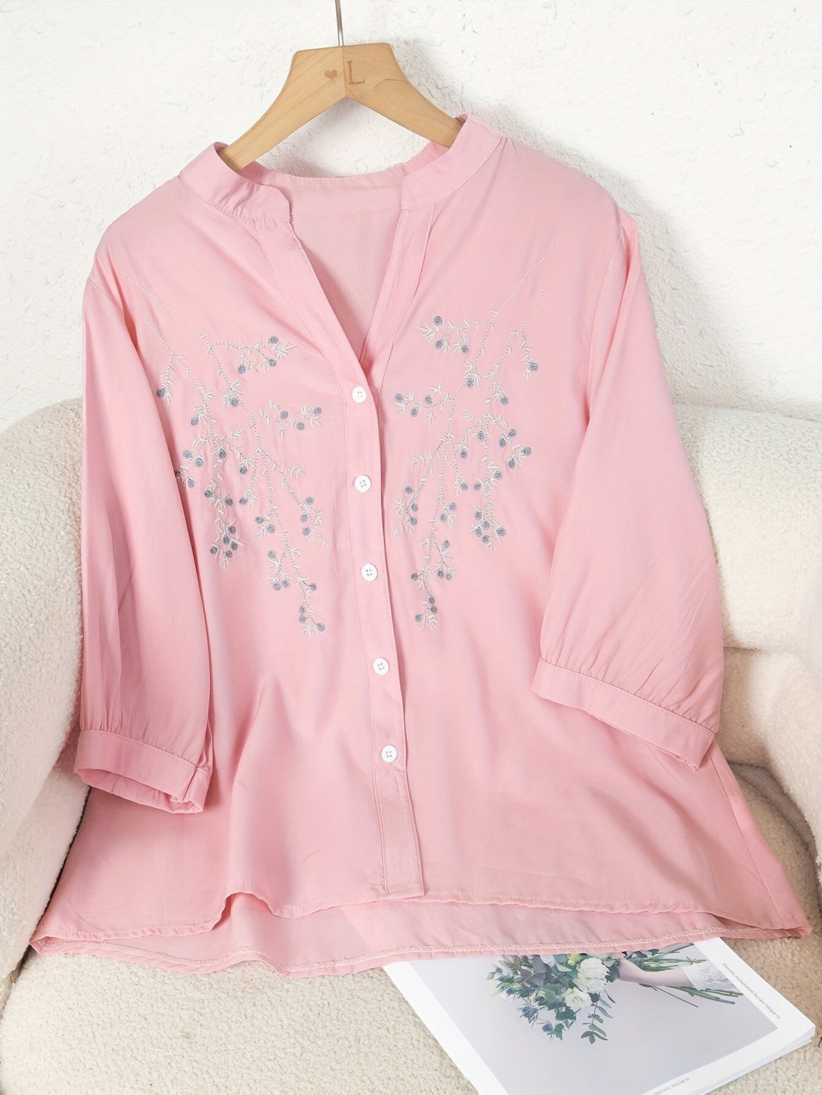 Women's Floral Embroidered Blouse Long Sleeve Button Down - White Elegant Stand Collar Casual Shirt, Delicate Flower Print Summer Top S-XXL
