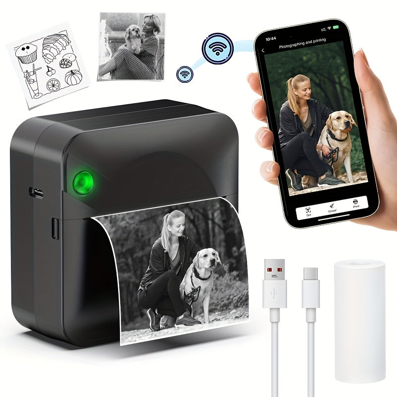 Mini Thermal Sticker Printer Inkless, Wireless Pocket Photo Printer with 1 Roll Thermal Paper, Portable Bluetooth Label Maker for Photos, Journaling, Notes & Memos – Cute Gift for Girls & Students
