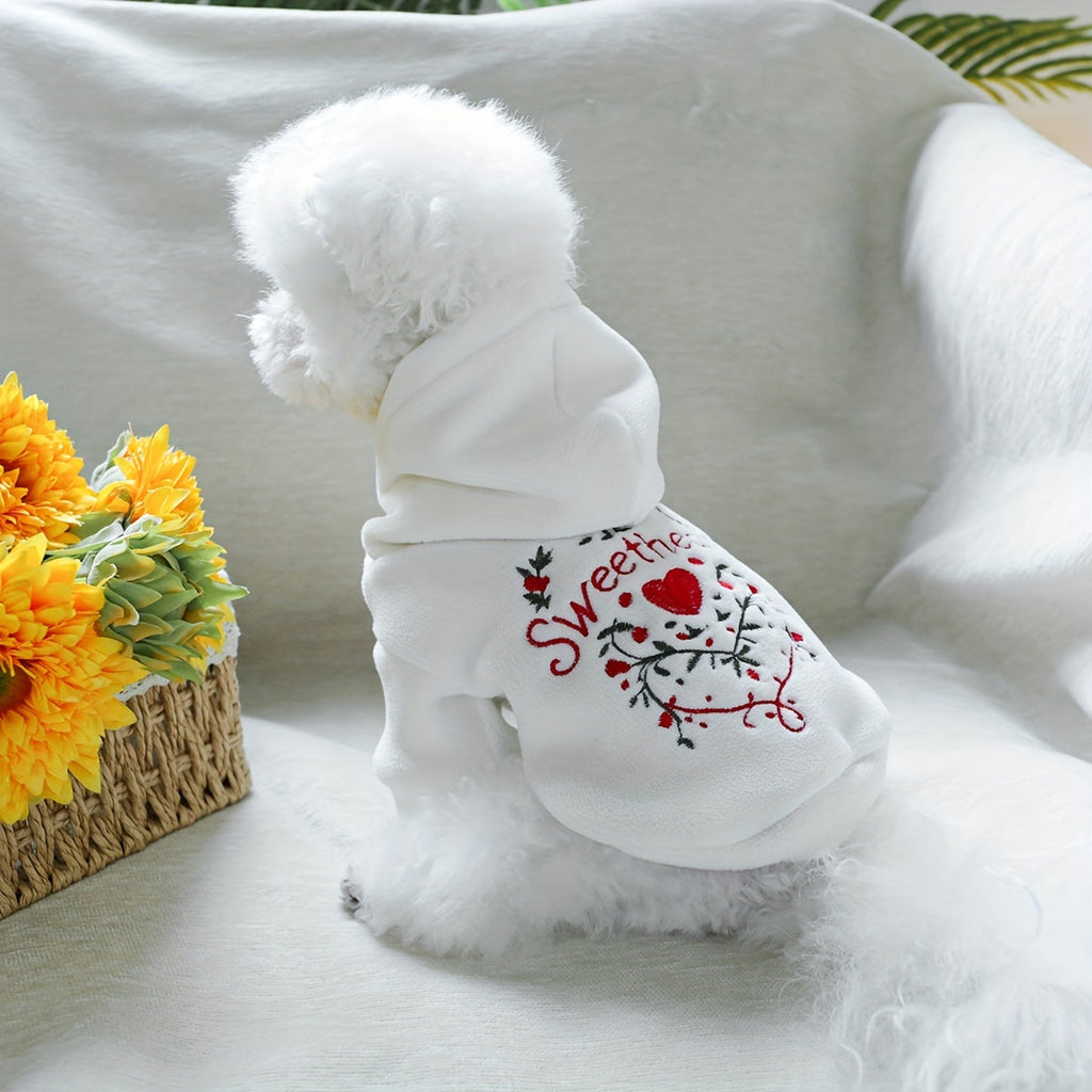 Love Heart Dog Sweatshirt Valentine's Day Hoodie – Cute Sweetheart Pullover for Small Dogs, Spring Autumn Thin Pet Outfit, XS to XL, Fits Bichon Pomeranian Schnauzer Teddy, White