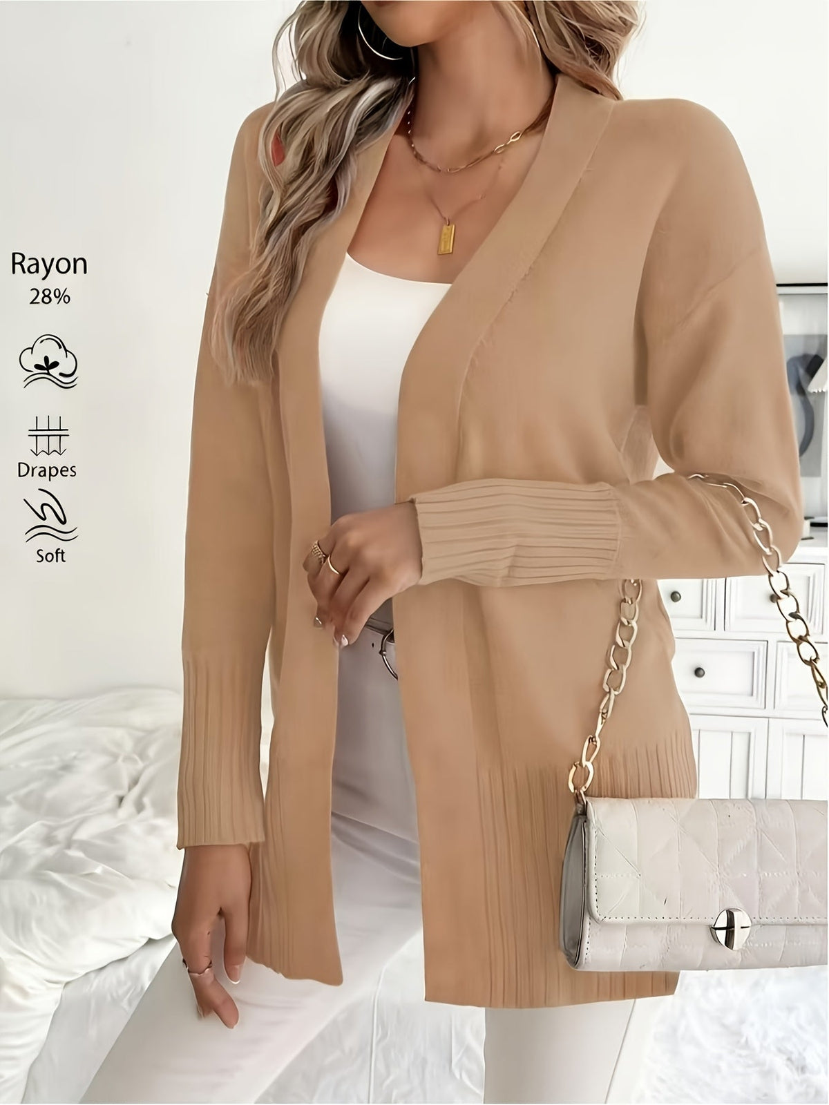 Women's V-Neck Drop Shoulder Long Cardigan Sweater – Loose Fit Soft Knit in 16 Colors for Autumn & Winter, 46% Acrylic 28% Viscose 26% Nylon