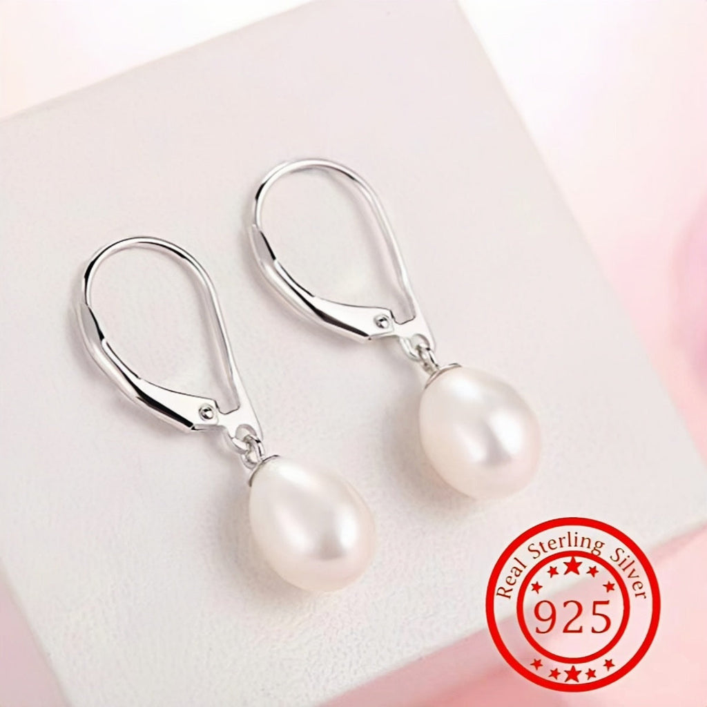 925 Sterling Silver Freshwater Pearl Drop Earrings Elegant French Style Dangle with Lobster Clasp for Women Wedding Bridal Gift Valentine's Day