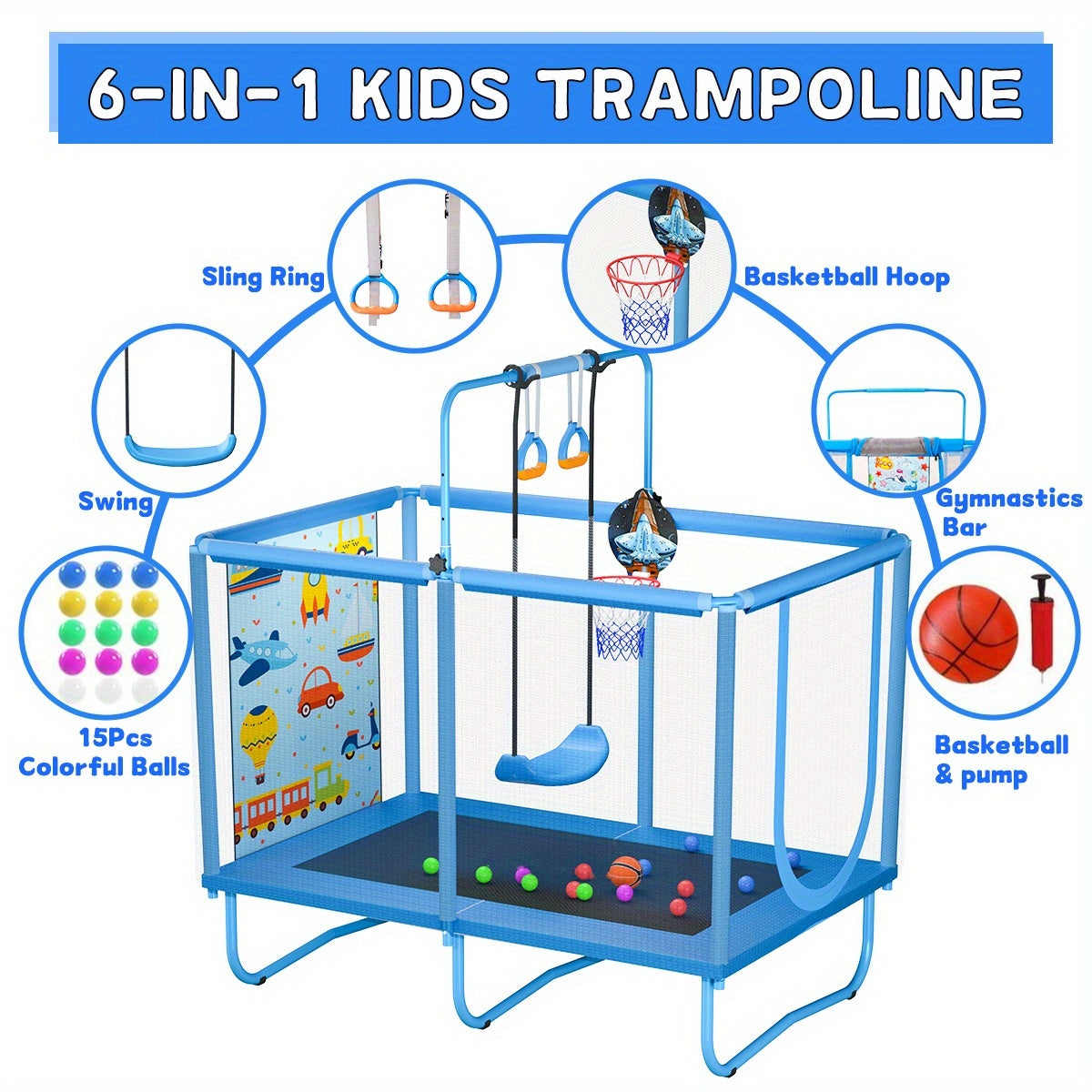 6-in-1 Kids Trampoline with Enclosure Net, Basketball Hoop, Swing, Rings & 15 Ocean Balls – 55"-58" Indoor Outdoor Rectangular Trampoline, Foam Padded Poles, W-Shaped Legs, Gift for Boys Girls Ages 3-10