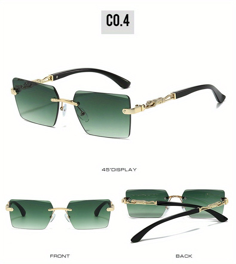 Unisex Luxury Frameless Sunglasses with Leopard Arms - UV400 Narrow Rectangular Lens Black & Gold Fashion Eyewear for Men & Women, Includes Protective Case & Cleaning Cloth for Driving Travel & Parties