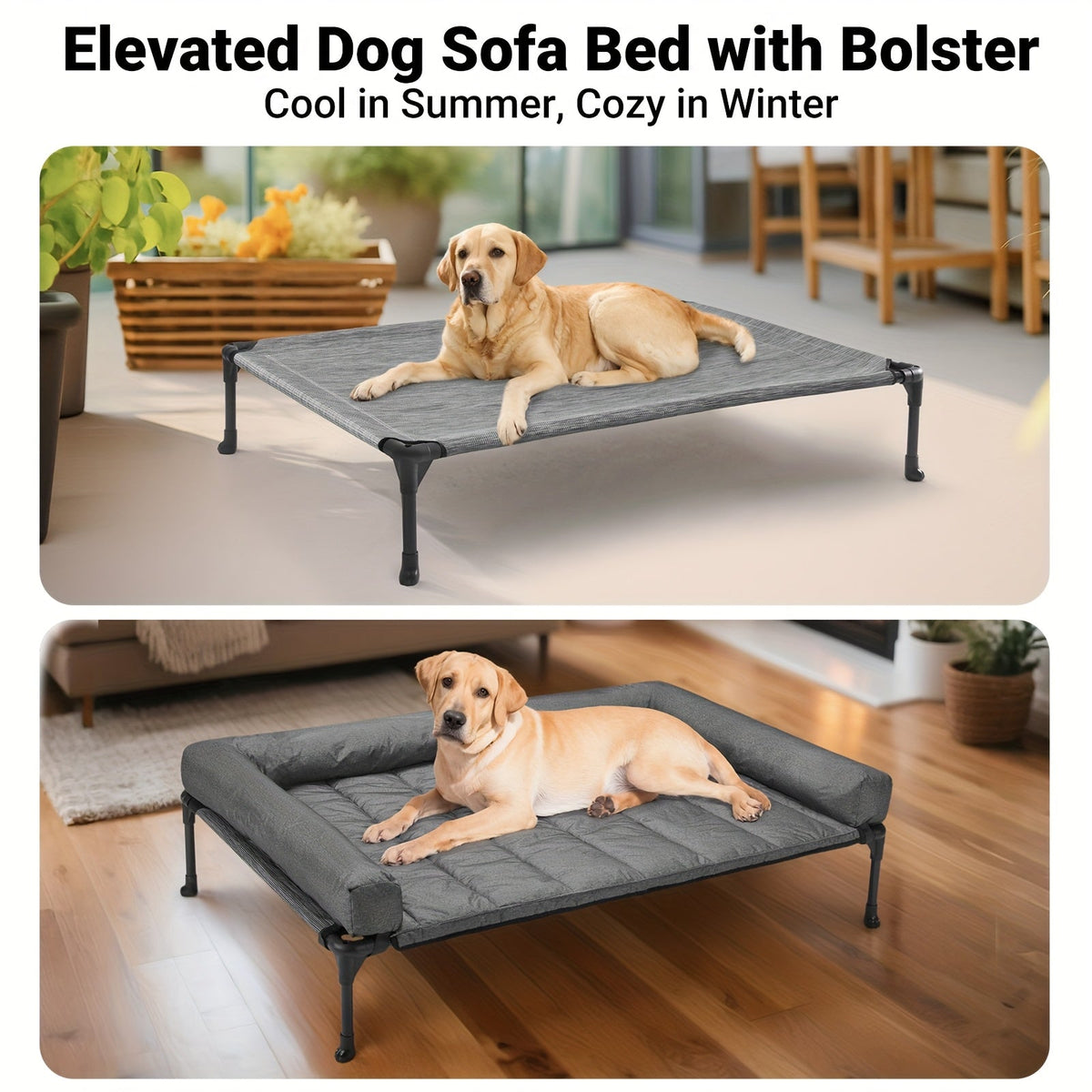 Cooling Elevated Dog Bed with Removable Pillow-Top Mat – Raised Bolster Dog Cot with Breathable Mesh Non-Slip Feet Dog Sofa Bed for Indoor & Outdoor Use