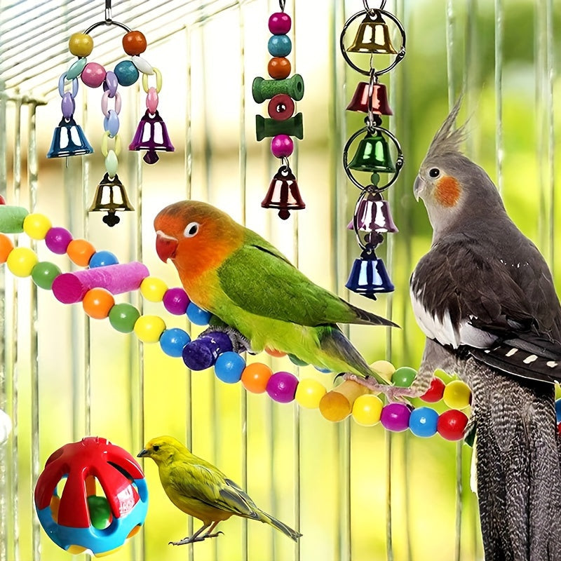 Bird Toy Set Swing Climbing Ladder Stairs Colorful Bells for Small Medium Parrots Cockatiels Budgies Parakeets – Educational Chew Boredom Relief Toys Random Colors 3/5/7/10pcs