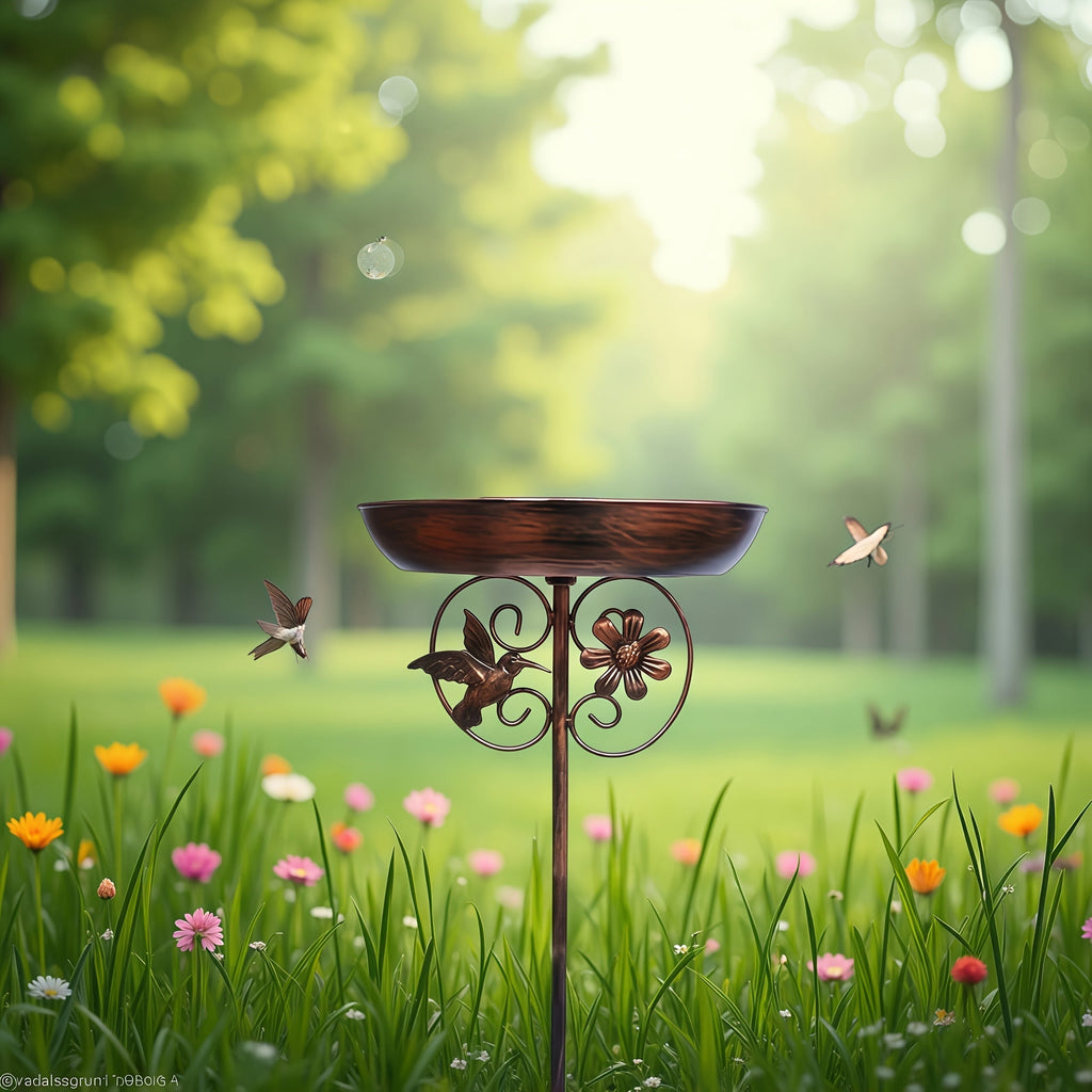 Metal Outdoor Bird Bath and Feeder Set Sunflower Design 5-Claw Stake Base Weather-Resistant Garden Decor for Backyard Courtyard Terrace Patio