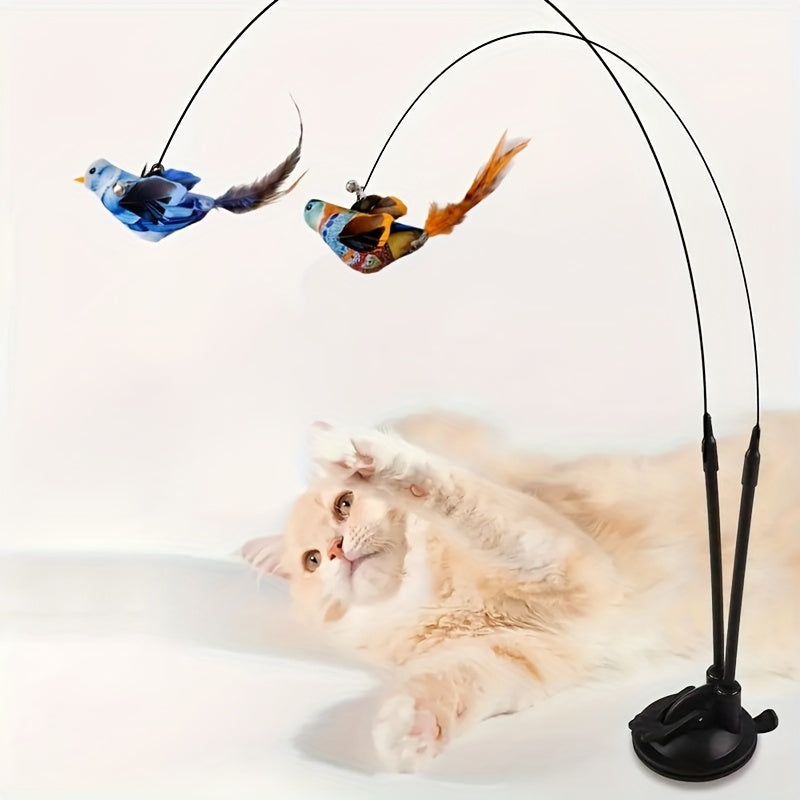 Cat Bird Hunting Toy with Double Rod & Suction Cup Base - Hands-Free Interactive Teaser with Bell Artificial Bird Feather for Cats Kittens Indoor Outdoor Exercise Training Random Color