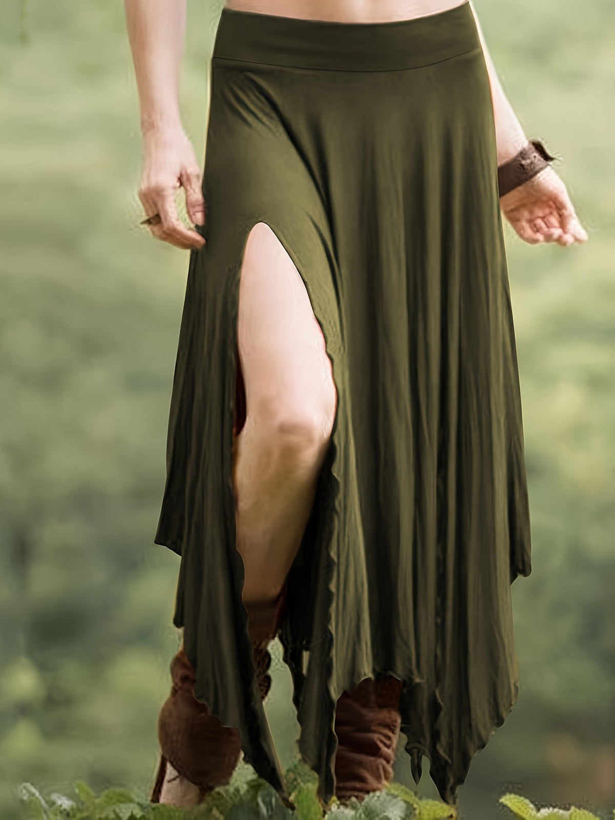 Women's Asymmetrical Hem Skirt - High Waist Drawstring Split Midi Skirt, Stretchy Knit 95% Polyester, Casual Vintage Style for Spring Summer