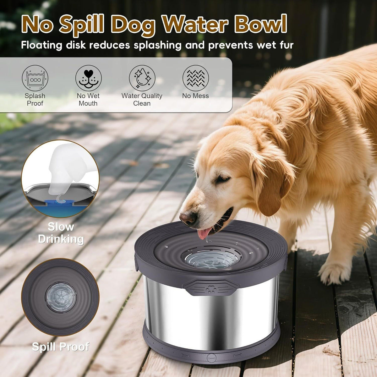 Large Dog Water Bowl 10L Stainless Steel No Spill - 2.6 Gallon Slow Drinking Anti-Splash Bowl with Floating Board, Non-Slip Base & Removable Filter for Large Dogs & Multi-Pet Homes, Indoor Outdoor