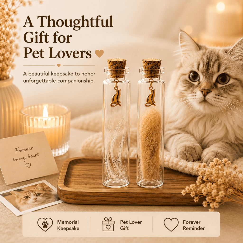 Pet Hair Keepsake Jar Set 2pcs – Glass Memory Bottles with Golden Cat Charm for Pet Fur, Whiskers & Handwritten Notes, Cat & Dog Memorial Gift for Pet Lovers