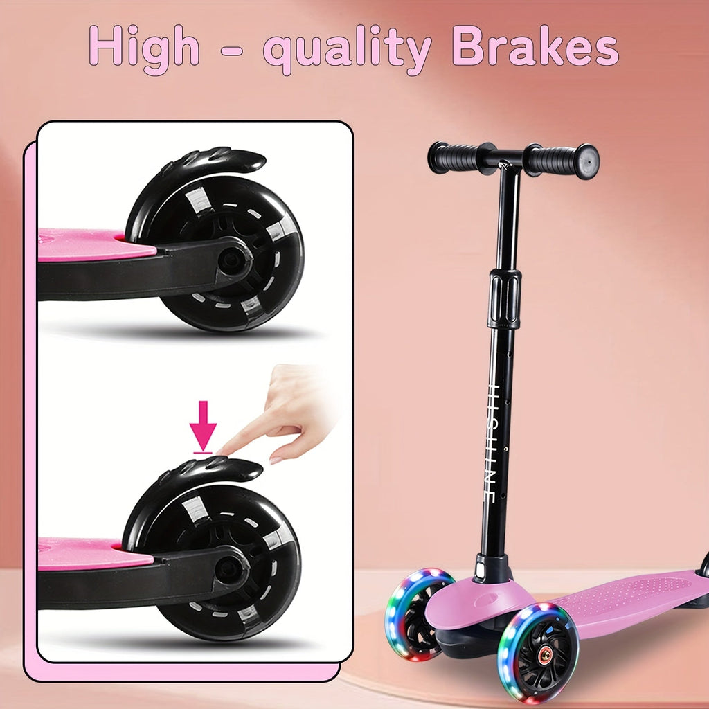 Kids 3-Wheel Scooter with Light Up Wheels – Adjustable Height Lean-to-Steer Toddler Scooter for Ages 2-5, Front Brake & Double Suspension, Pink Blue Black Red