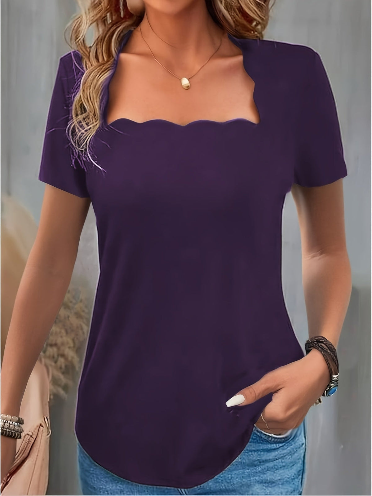 Women's Square Neck T-Shirt - Solid Color Short Sleeve Formal Basic Top | 100% Polyester Slim Fit Summer Daily Fashion Ladies Tee