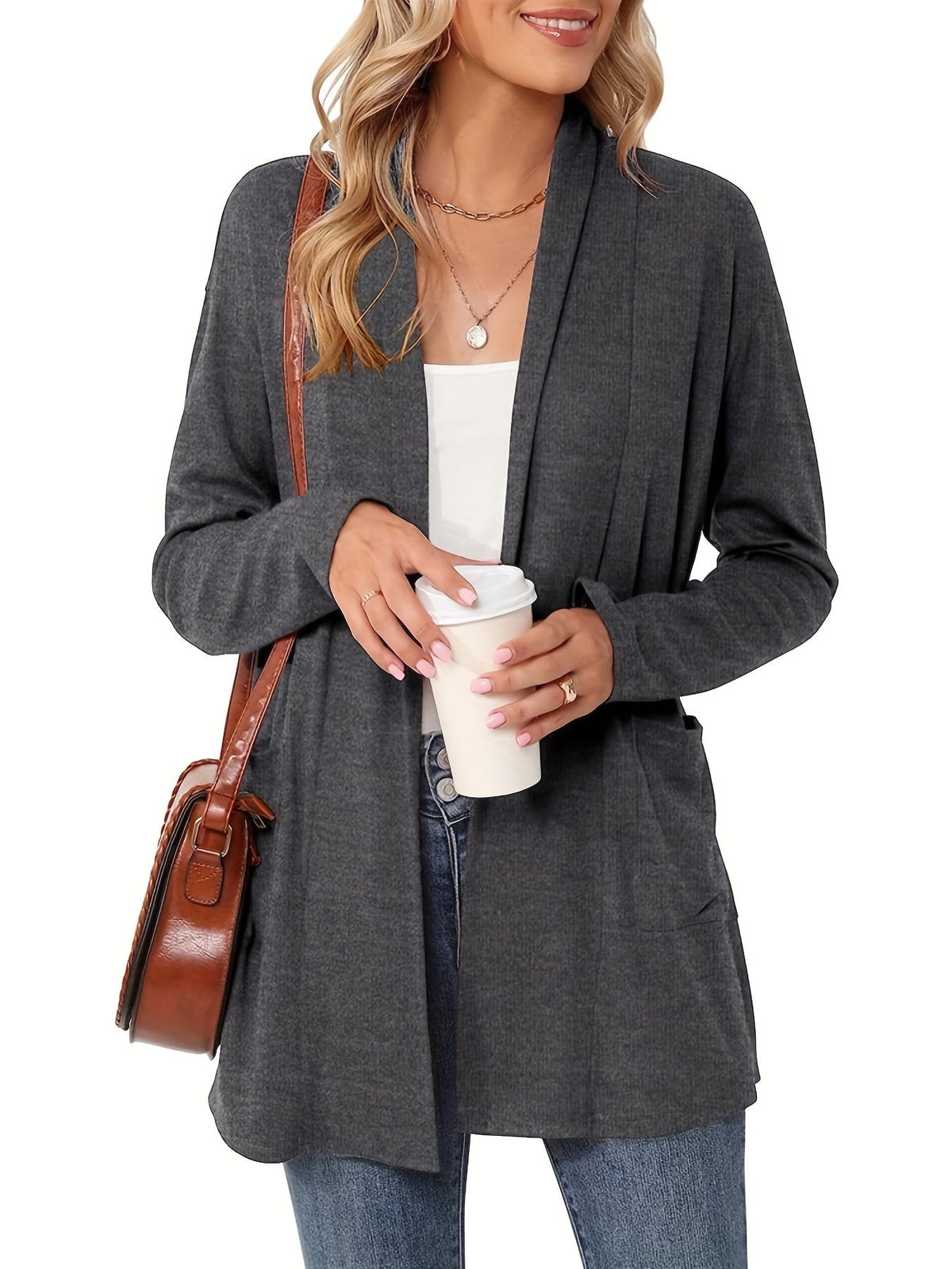 Women's Open Front Cardigan Sweater Long Sleeve with Pockets - Cozy Knit Oversized Drape Wrap Sweater for Fall Winter, Casual Loose Fit Outwear Top S-XXL Multiple Colors