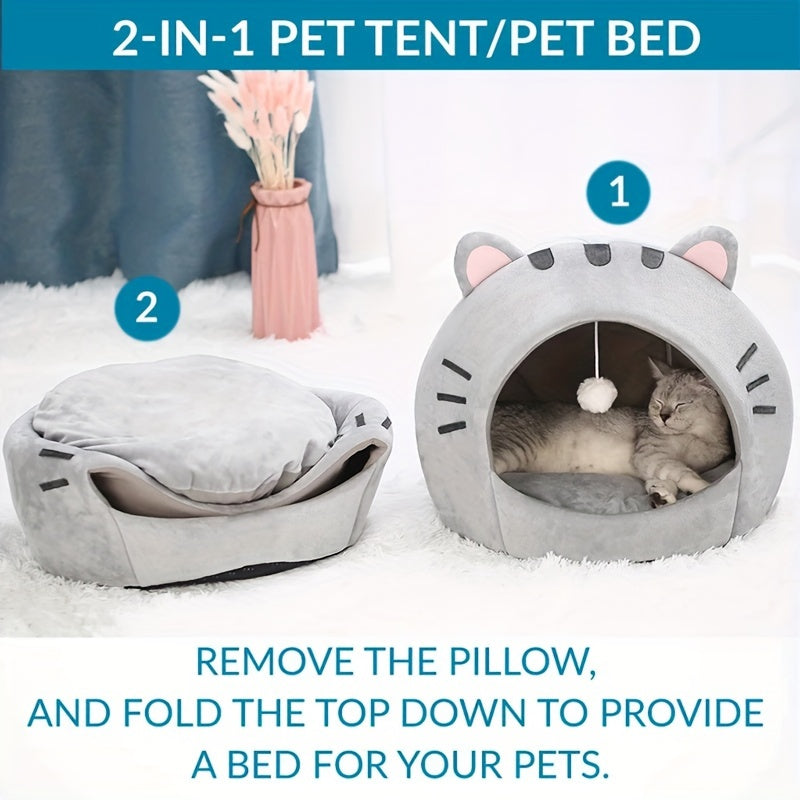Cat Cave Bed Warm Cozy Kitten House with Removable Washable Cushion Cute Cat Ear Design Semi-Enclosed Indoor Cat Tent Bed for Small Cats and Kittens – Non-Slip Soft Plush Pet Sleeping Bed