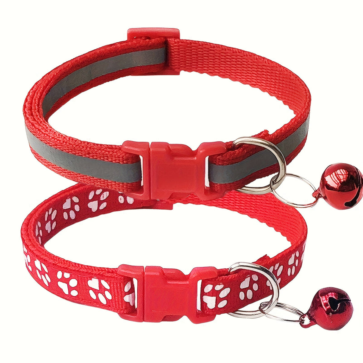 Reflective Pet Collar with Bell 2pcs Set - Adjustable Striped Polyester Cat & Dog Collar with Paw Print Design, Safety Breakaway Buckle, 10 Colors for Small Dogs and Cats, One Size