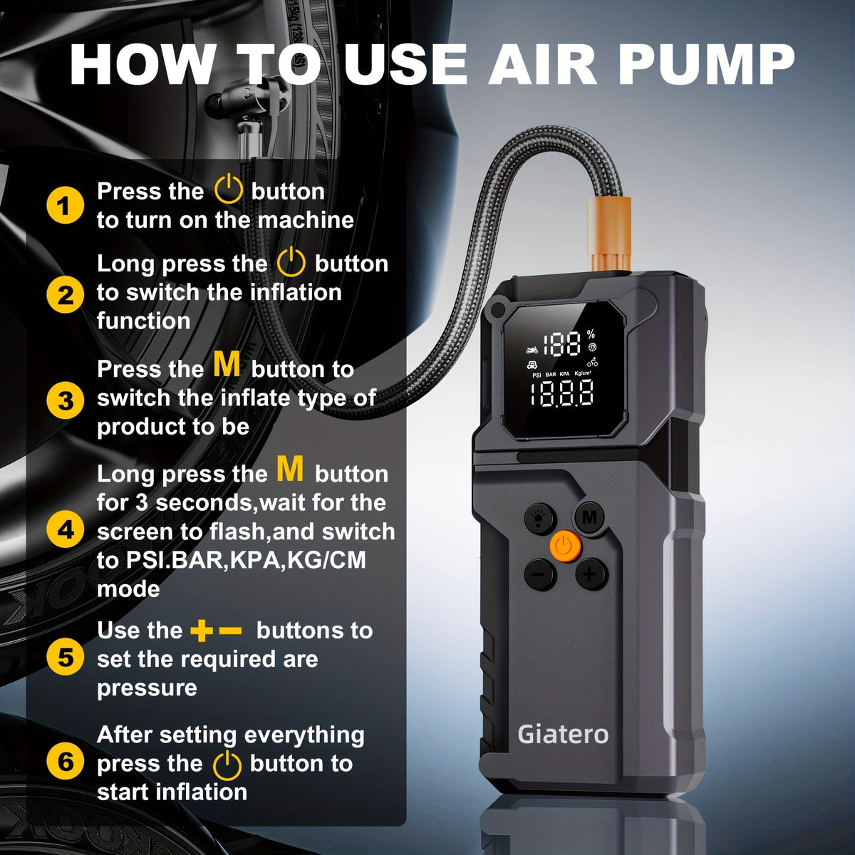 10000A Jump Starter with Air Compressor 160 PSI, Portable Car Battery Jump Starter Pack for Gas & Diesel Engines, USB-C QC 3.0 Fast Charge, Large Display, 3-Mode LED Flashlight, Jumper Cables Included – Giatero Q27