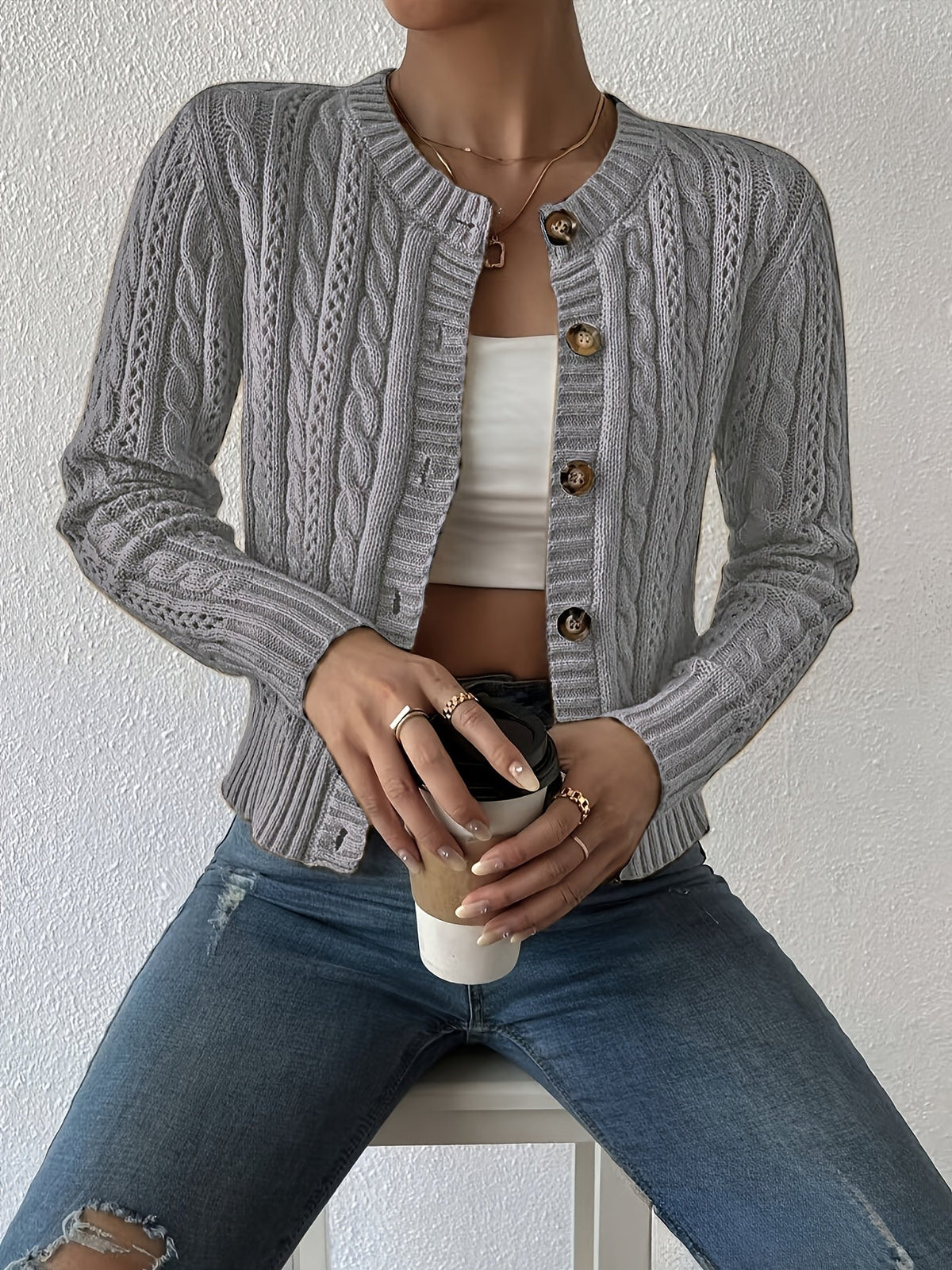 Women's Cable Knit Cardigan Sweater with Mesh Detail Open Front Long Sleeve Crew Neck Stretch Knit Casual Outerwear for Spring Fall XS-XXL