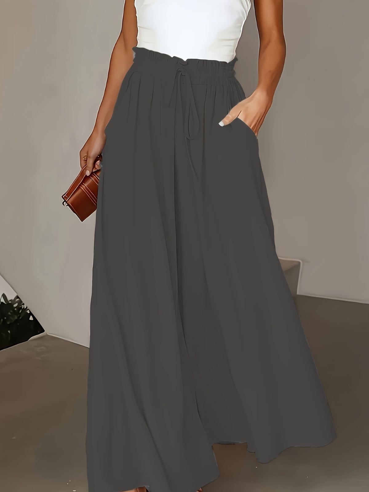 Women's High-Waist Wide-Leg Pants – Elegant Loose Fit Solid Color Flowy Trousers with Pockets for Spring Summer Office Casual