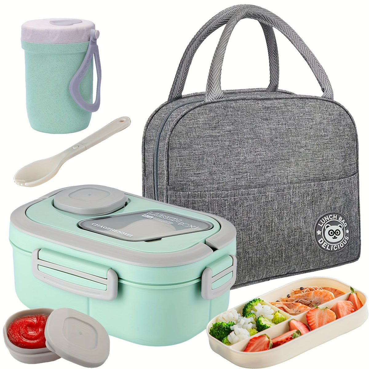 2-Layer Bento Lunch Box Set with Cup & Insulated Lunch Bag – Multi-Grid Leakproof Food Container for School, Office & Picnic, Choose Salad, Coffee, Milk or Soup Cup, Pink Green Blue White