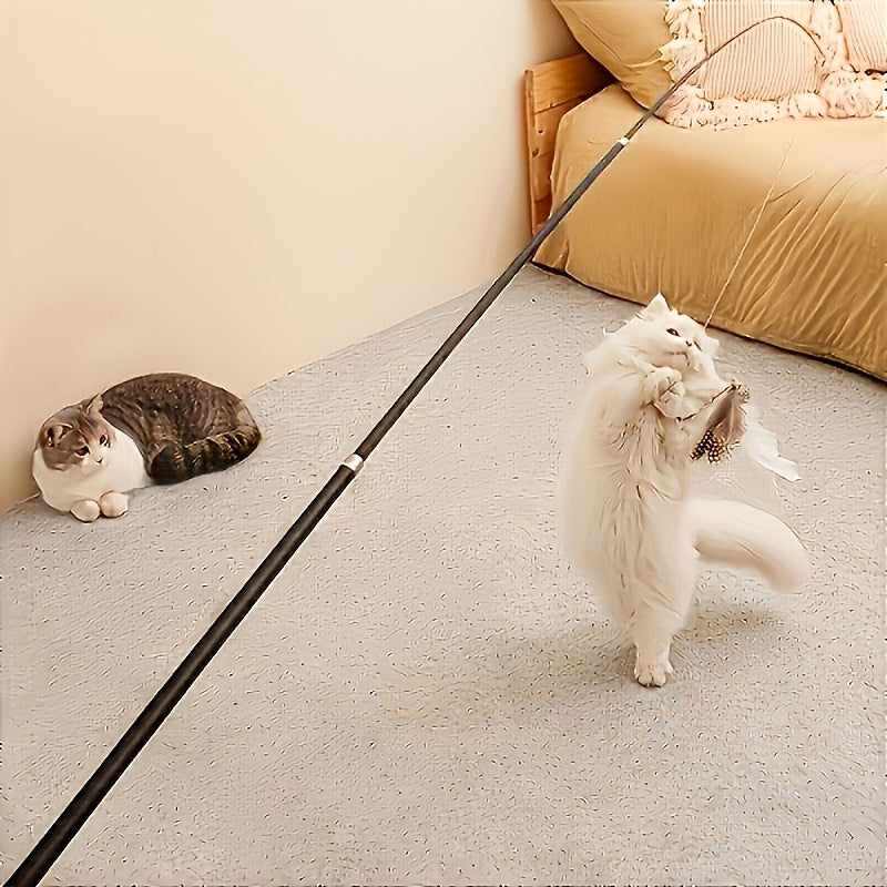 Telescopic Feather Cat Wand Toy with Interchangeable Heads - Artificial Feather Interactive Cat Toy, 3 or 4 Section Extendable Pole with 3/6/9 Random Replacement Heads, No Battery Required