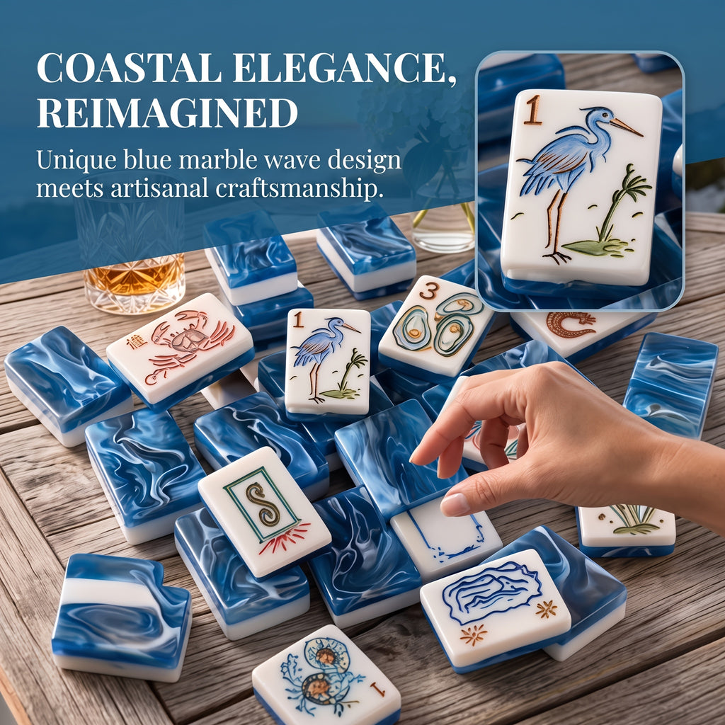 American Mahjong Set Ocean Marine Theme 166 Pieces with Carrying Case – Seashell Mermaid Turtle Whale Anchor Prints, White Tiles Bright Blue Back, Fun Beach Party Game for Ladies Night & Family Game Night
