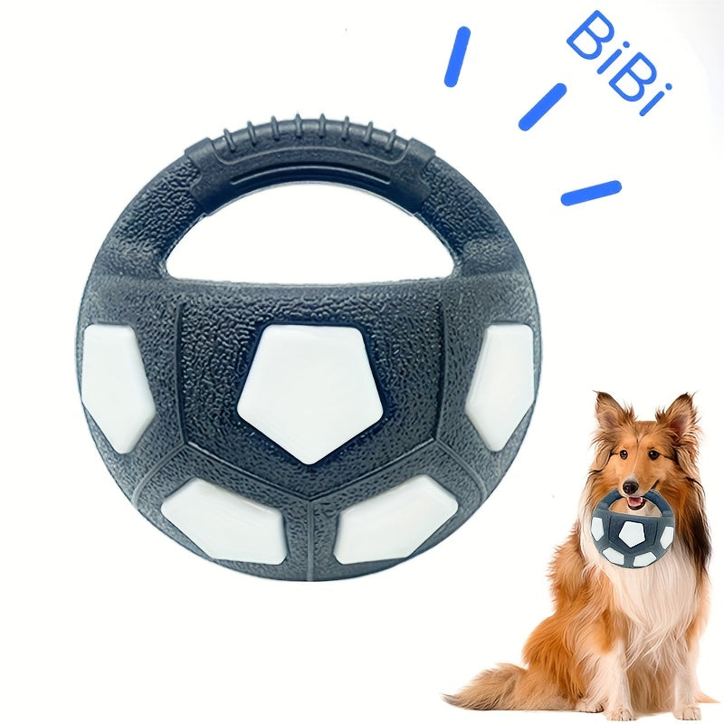 Soccer Ball Dog Toy with Squeaker & Carrying Handle - Durable TPR Interactive Dog Ball for All Sizes, 5.5 Inch Bouncy Fetch & Dribble Pet Toy for Indoor Outdoor Play