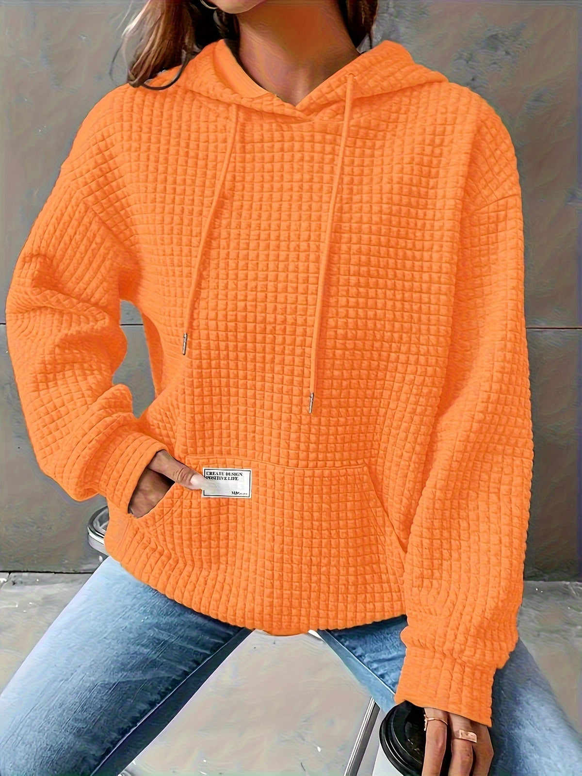 Women's Waffle Hooded Long-Sleeve Sweatshirt – Solid Color Cozy Pullover Hoodie for Autumn & Winter Casual Loungewear & Everyday Wear