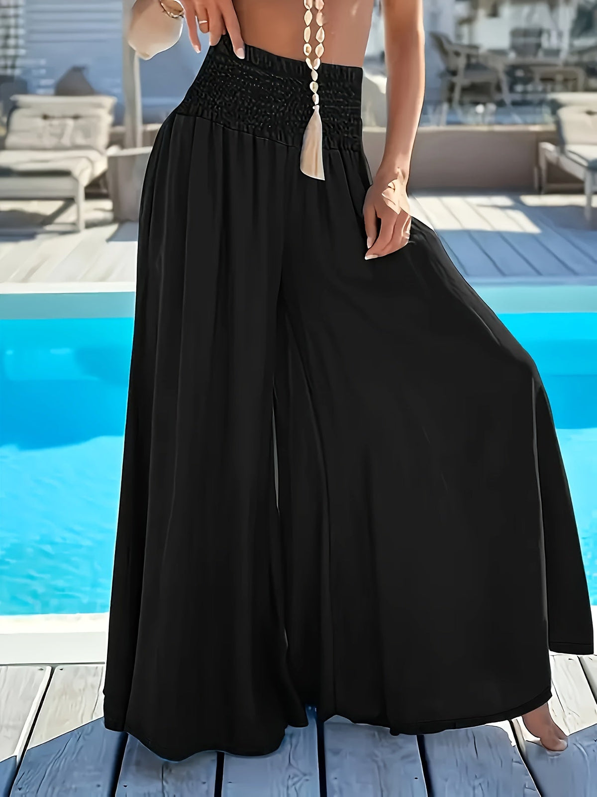 Women's Wide Leg Flare Pants Elastic Waist Loose Fit Vacation Casual Trousers Elegant Bottoms White Black Red Peacock Blue XS-XXL