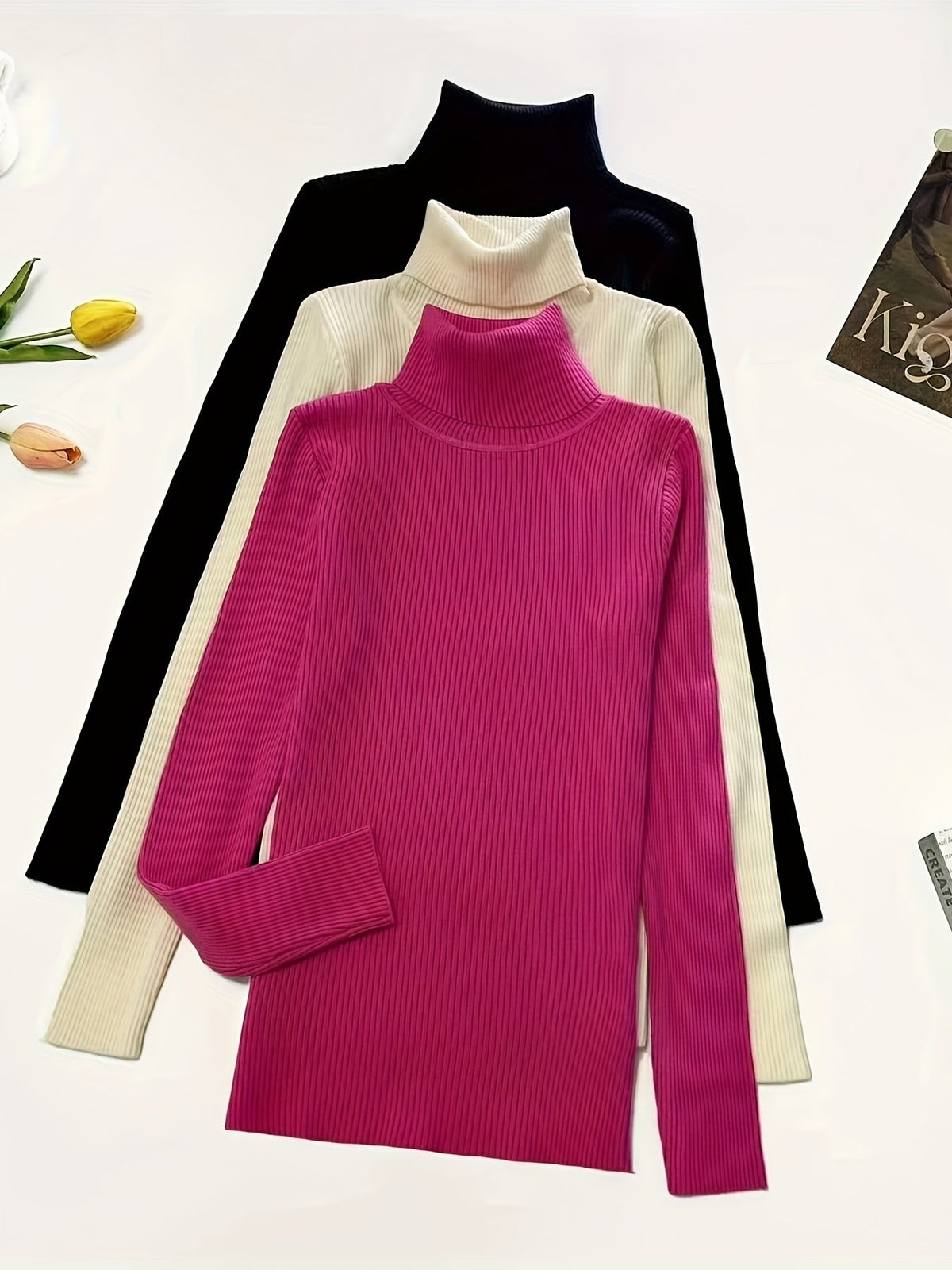 Women's 3-Piece High Collar Pullover Set – Soft High-Stretch 60% Elastane Solid Color Turtleneck Tops Bundle in Mixed Colors for Everyday Wear