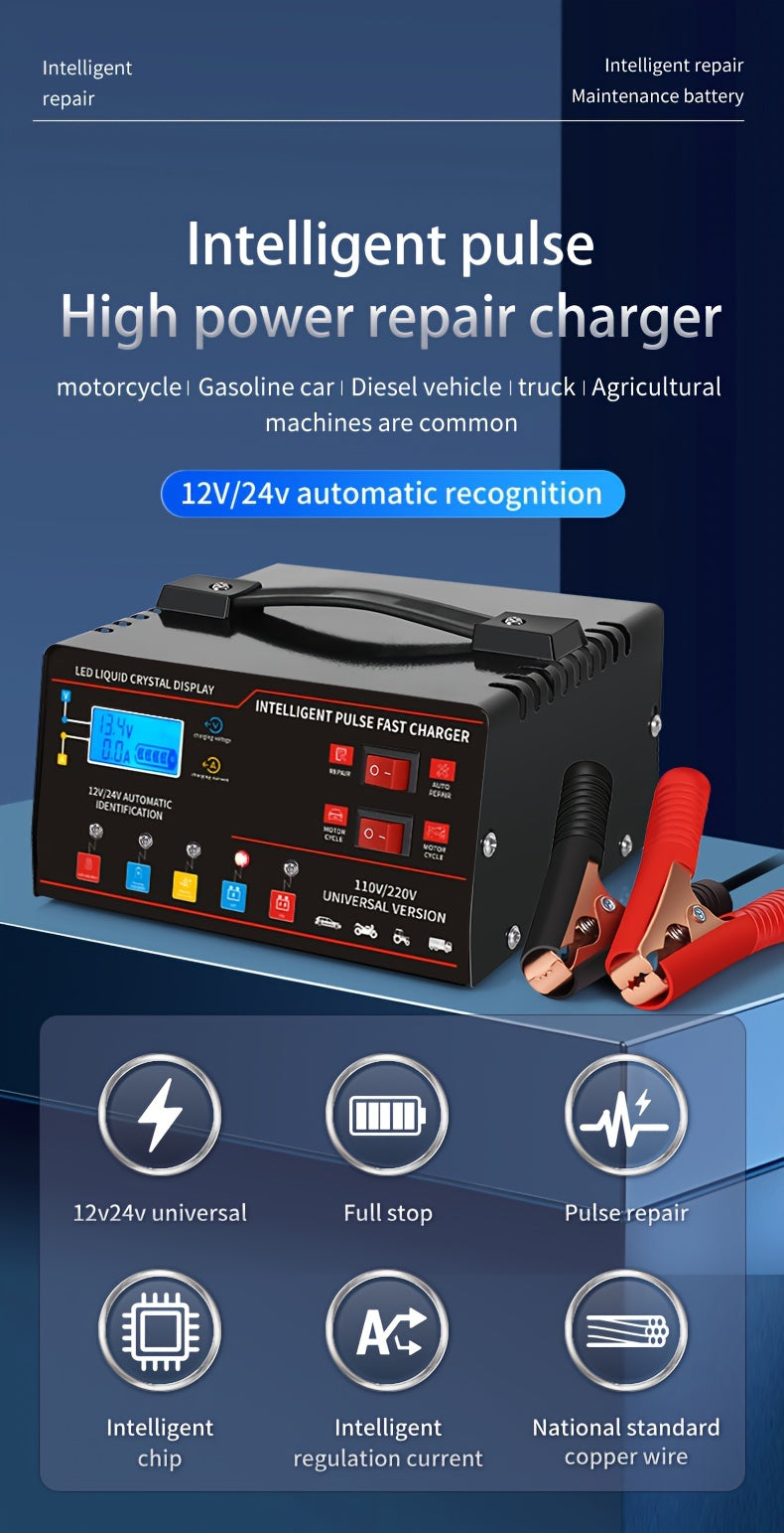 Smart Universal Battery Charger 12V 24V with LCD Screen Pulse Repair Trickle Maintainer for Car Truck Motorcycle Boat Lawn Mower Harvester – Automatic Temperature Regulation
