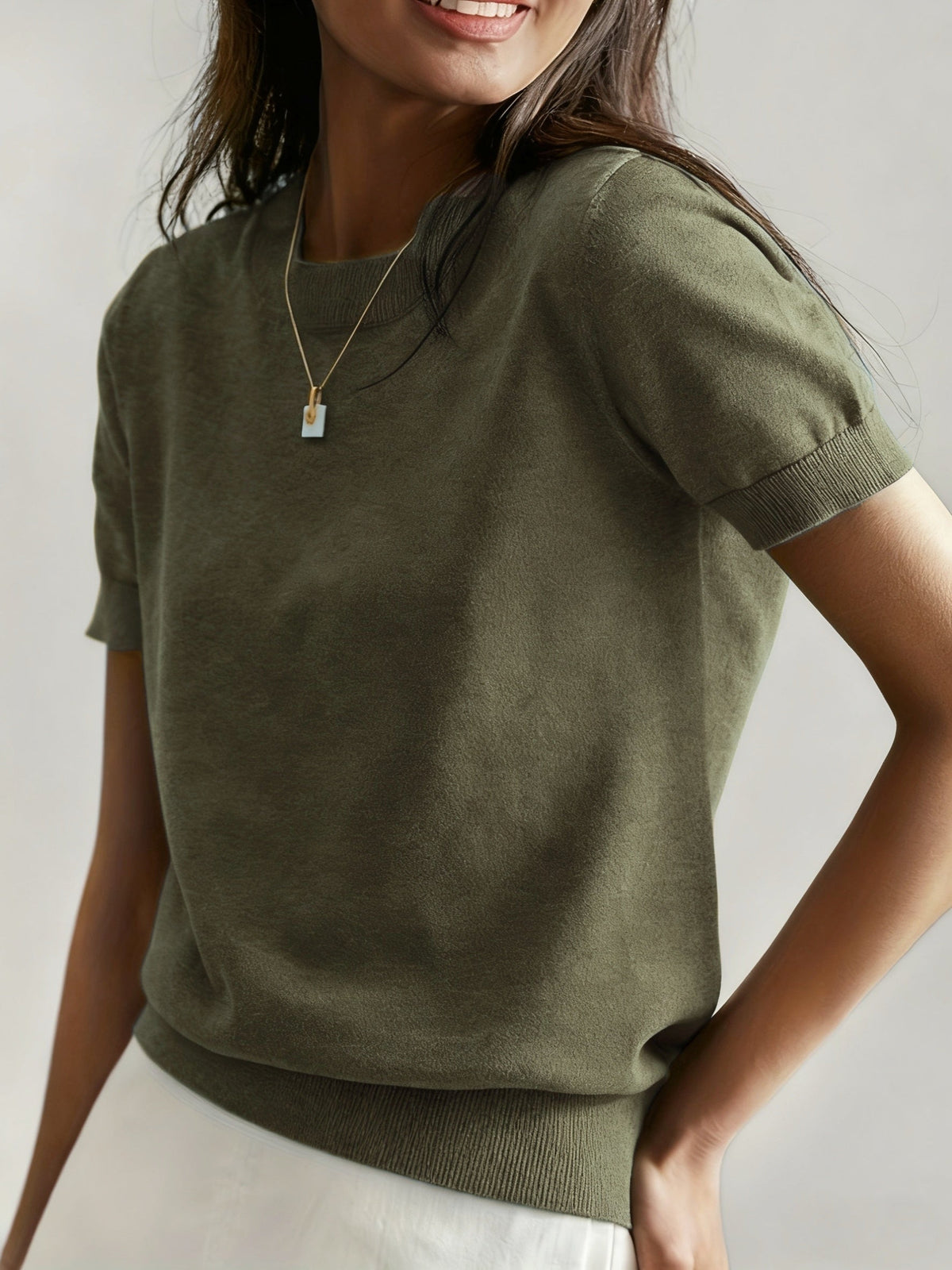 Fine-Spun Short Sleeve Knit Top Women Crew Neck Casual Pullover Sweater Solid Color Lightweight Base Layer Shirt for Women S M L XL XXL