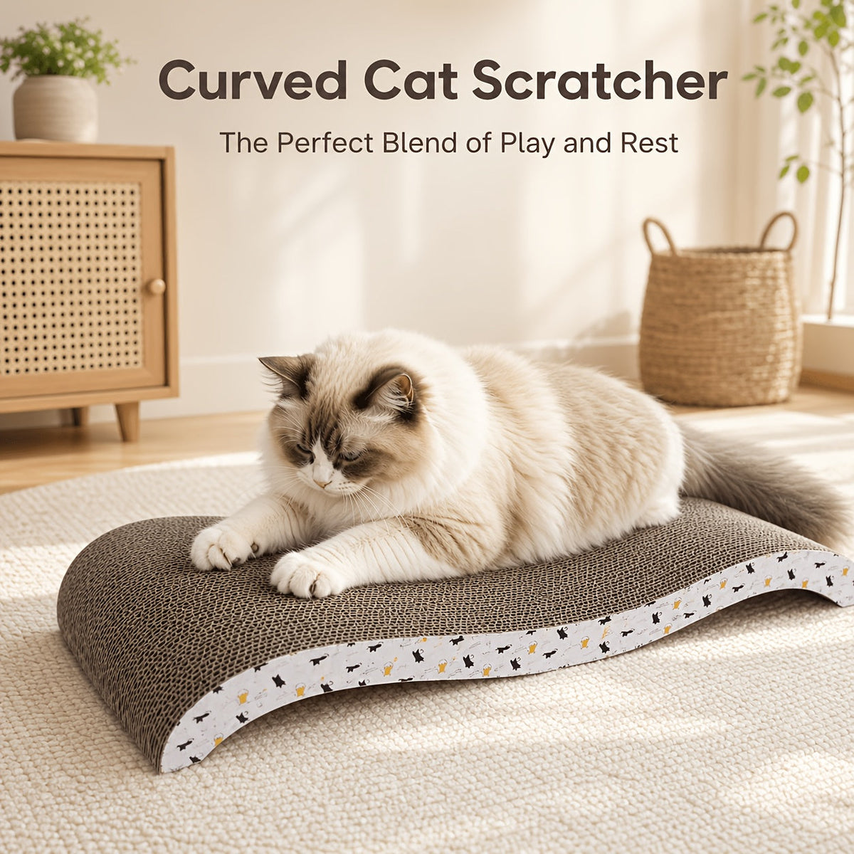 Curved Cat Scratcher 2-in-1 Cat Lounge Bed - Large Wave Corrugated Cardboard Scratching Pad with Ergonomic Spine Support - Furniture Protection Cat Scratcher for Indoor Cats Multi-Cat Households