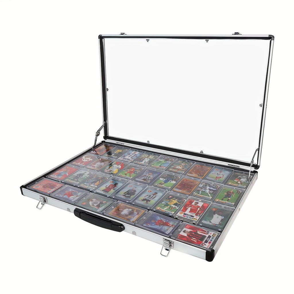 Aluminum Trading Card Display Case Lockable Portable Collector Showcase Box with Carry Handle for Pokemon MTG Sports Cards Pins Jewelry Photos Collectibles Silver Black